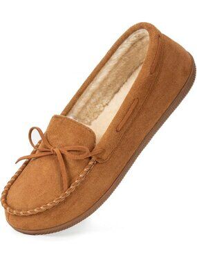 Women's Cinnamon Suede Home Top Moccasin Slippers Faux Fur Lined Bow Loafers